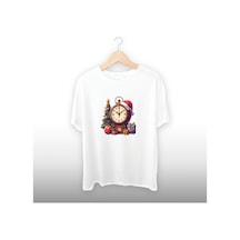 Yılbaşı Saat Detaylı Unisex Tişört Beyaz