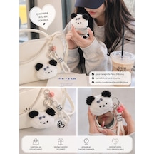 Çift Taraflı Katlanabilir Makyaj Aynası Çanta Aksesuarı Sevimli Siyah Yumoş Panda Figürlü Peluş