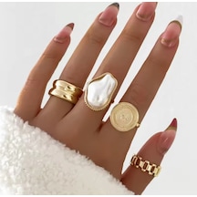 Girift Vintage Dyra 4 Adet Gold Yüzük Seti Beyaz Taşlı Gold