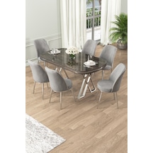 Canisa Lai Serisi 90x168 Lak Panel Antrasit Ironi Krom Ayak Masa Takımı 6 Gri Sandalye Siyah Mermer Desen Masa Sandalyeler Gri