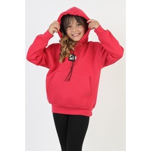 Kapüşonlu Art Baskılı Kanguru Cepli Kız Çocuk Sweatshirt-90847 Fuşya