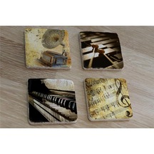 Gramofon Piano Ksilofon Ve Notalar Doğal Taş Bardak Altlığı 4'lü Set - Natural Stone Coasters - Taş Çok Renkli
