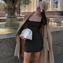 Sones Saf Renk İnce Zayıflatıcı Pileli Kalça Elbise Siyah Sones Saf Renk İnce Zayıflatıcı Pileli Kalça Elbise Siyah