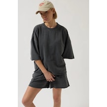 Zenna Tarz Oversize Lazer Kesim Bisiklet Yaka T-shirt Antrasit
