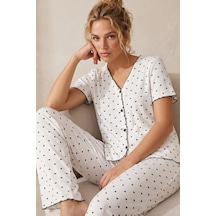 Siyah İnci Yumuşak Tuşe Yazlık Fitilli Pamuklu Örme Pijama Takım 7994 Ekru Siyah Kalp