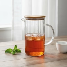 Deconox 1000 Ml Bambu Kapaklı Borosilikat Cam Yağlık Ve Sürahi - Isıya Dayanıklı Çizgili Line Desenli Modern M Çok Renkli