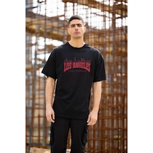 Erkek Kısa Kol Tişört Bisiklet Yaka Los Angeles Baskılı T-shirt - Siyah
