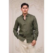 Paul Martin Regular Fit Gizli Düğmeli Yaka %100 Linen Ham Keten Gömlek Koyu Yeşil