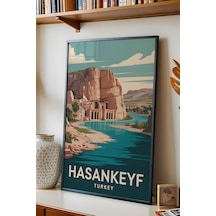 Hasankeyf Tablo - Retro Travel Poster - Batman Şehir Serisi Duvar Dekoru - Çerçeveli İllüstrasyon Siyah