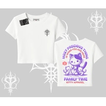 Tarzsokak Family Time Yazılı Sevimli Anne Kedi Arka Baskılı Babby Tee Tshirt Beyaz