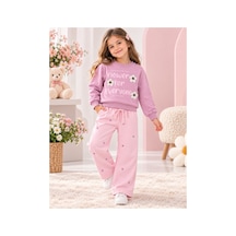 Uğur Bebe Kız Çocuk Çiçekli %100 Pamuk Eşofman Takımı Pudra Sweatshirt Bol Paça Somon Alt 2'li Spor Şık Takım Pudra Somon Pudra Somon