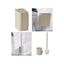 2 Li Banyo Seti Çöp Kovası Ve Tuvalet Fırçası Paslanmaz Çelik - Duvara Asılabilir Bej Bej