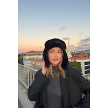 Mollycrush Kadın Siyah Suni Kürk Peluş Tüylü Elit Ponponlu Şapka Bere Siyah
