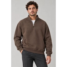 Erkek Üç İplik İçi Şardonlu Dik Yaka Yarım Fermuarlı Kışlık Sweatshirt - Kahverengi