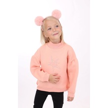Toontoy Kız Çocuk Relax Fit Dik Yaka Düşük Omuz Kolu Büzgülü Sweatshirt - 3 İplik Şardonlu Somon