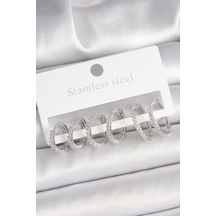 Pirinç Gümüş Renk Zirkon Taşlı 3 Çift Halka Model Kadın Küpe - Tj-bkp10335 Çok Renkli