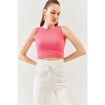 Butikgiz Kadın Sıfır Kol Bisiklet Yaka Vücuda Oturan %100 Pamuklu Kaşkorse Esnek Crop Bluz Pembe