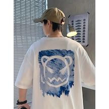 Erkek Tişört Bisiklet Yaka Kore Sevimli Ayı Baskı Kısa Kol T-shirt - Beyaz