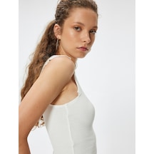 Koton Kolsuz Tişört Bisiklet Yaka Fırfır Detaylı Slim Fit Ekru 4sal11193ık Ekru