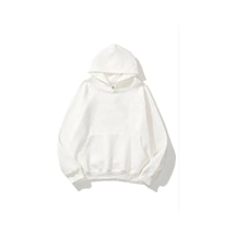 Kadın Kapüşonlu Kanguru Cepli 3 İplik Pamuklu Düz Hoodie Sweatshirt - Beyaz
