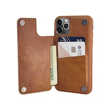 İphone 12 Pro İle Uyumlu Kartlıklı Kılıf Pu Wallet Case Deri Ve Kartvizitli Kapaklı Kredi Kartı, Kimlik, Para Vb. Çift Manyetik Mıknatıslı Tokalı Cüzdan Kılıf Kahverengi Çok Renkli