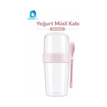 Yoğurt Müsli Kabı Kaşıklı Çift Bölmeli Sızdırmaz Taşınabilir Pembe 18x8 Cm Beyaz