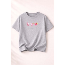 Herkesemoda Summer Baskı Detaylı Kadın Bisiklet Yaka Pamuklu T-shirt Gri