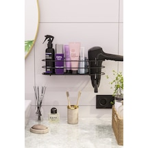 Bino Yapışkanlı Saç Kurutma Makinesi Banyo Düzenleyici Organizer Raf Siyah