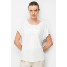Desen Triko Kadın Sıfır Yaka Su Yolu Taşlı Düşük Kollu Penye T-shirt 26833 Beyaz Beyaz