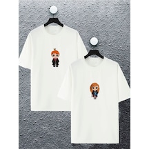 Unisex Kadın Erkek Ron Ve Hermoni Baskılı Sevgili Çift Kombini Tasarım Oversize T-shirt 2'li Beyaz2 Mck2434 Beyaz