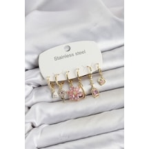 316l Çelik Gold Renk Pembe Zirkon Taşlı Lotus Detaylı Kadın Küpe Seti Tj-bkp11886 Çok Renkli