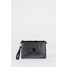 Vivaq Kadın Damla Gümüş Taşlı Süet Bilek Askılı Ve Zincir Askılı Portföy El Ve Clutch Çanta SİYAH
