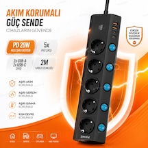 Nvg Pd20c Akım Korumalı 5'li Priz 2m Kablolu 2 Usb + 2 Type-c Usb-c Çoklu Priz Anahtarlı Ftr-28 Masaüstü Priz 0 - 2 M