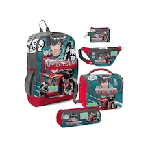 Coral High Erkek Çocuk Gri Nefti Anime Motorsiklet Desenli Beşli İlkokul Okul Çanta Seti