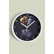 Uzay - Astronot - Gezegen Temalı Modern Duvar Saati - Çocuk Odası - 30cm - Önü Camlı Beyaz Kasa Beyaz