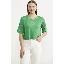 Sim Detaylı Oversize Crop Tişört - Yeşil Çok Renkli