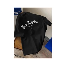 Caddemia Yaz Los Angeles Mektup Baskılı Rahat Gevşek Spor Rahat Yuvarlak Boyun Kısa K Siyah 2XL