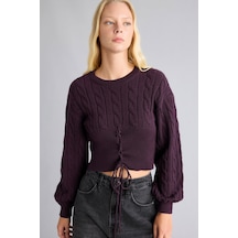 Defacto Regular Fit Bisiklet Yaka Saç Örgülü Bağcık Detaylı Triko Crop Kazak I9174ax26wnpr201 Mor-pr201