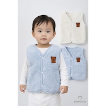 Babyden's 2 Li Welsoft Yelek Seti Erkek Bebek & Çocuk Peluş Yumuşak Kışlık Bebek Yeleği, Çıtçıtlı Ekru - Mavi