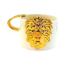 24 Ayar Altın Işlemeli, Aslan Kabartmalı,%100 El Yapımı Mug, 220 Ml Beyaz - Çok Renkli