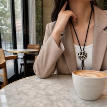 Unisex Leopar Desenli Bolo Kolye - Siyah Örgü Kordonlu Yuvarlak Madalyon Kolye