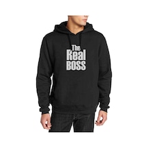 The Real Boss Baskılı Siyah Erkek Örme Kapşonlu Sweatshirt