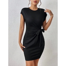 Kadın Kısa Kap Kollu Bisiklet Yaka Belden Bağlamalı Modal Mini Elbise Siyah