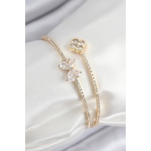 Pirinç Zirkon Taşlı Fiyonk Ve Yonca Model Gold Renk Kadın Bileklik Çok Renkli