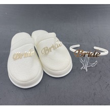 Gold Renk Detaylı Tüysüz Taç Terlik Set Model