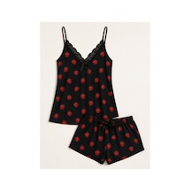 Bravie Kadın Büyük Beden İp Askılı Yakası Dantelli Siyah Çilekli Yazlık Pijama Takımı Kırmızı