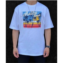 Flood Of Style Erkek Açık Mavi Malıbu Beach Baskılı Oversize Bisiklet Yaka Tshirt Lacivert