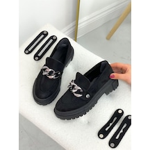 Siyah Süet (Fabio) Üç Tokalı Kadın Loafer Siyah