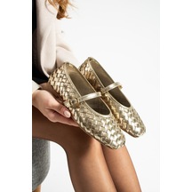 Dabab Shoes Elvıa Gold Kadın Örgü Dokulu Bilekten Bantlı Tokalı Mary Jane Düz Ayakkabı Babet Altın