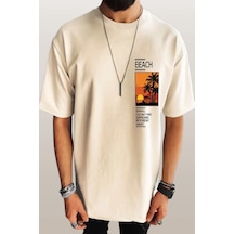 Uyguntarz Beach Baskılı Oversize Erkek Tshirt - Bej